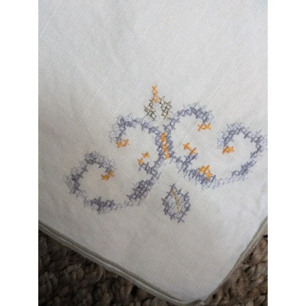 Vintage Linen Dinner Napkins Set Of 4 Cross Stitch Embroidery Blue Gold Metallic
